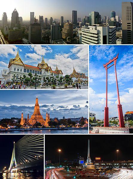 Clockwise from top: Si Lom–Sathon business district, the Giant Swing, Victory Monument, Rama VIII Bridge, Wat Arun, and the Grand Palace