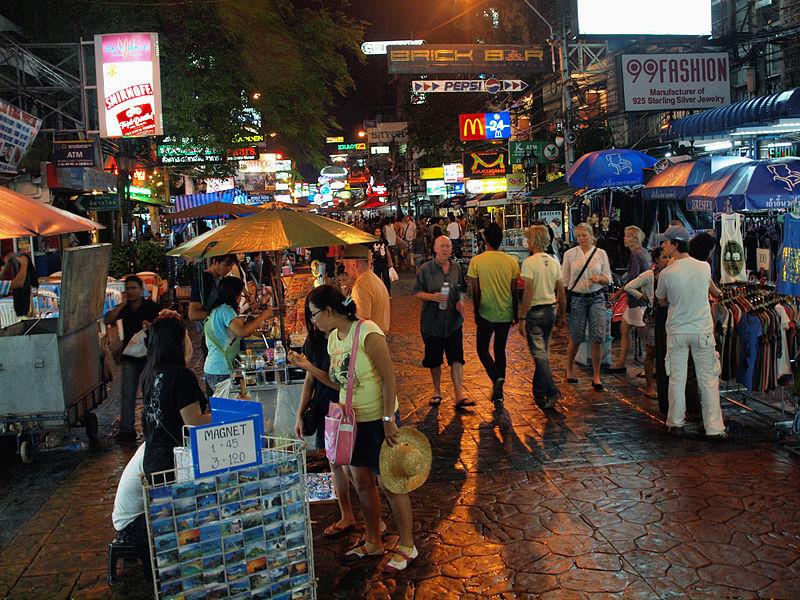 Khao San Road is lined by budget accommodation, shops and bars catering to tourists.