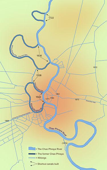 Bangkok's major canals are shown in this map detailing the original course of the river and its shortcut canals.