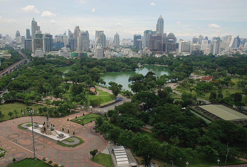 Lumphini Park appears as an oasis of greenery among the skyscrapers of Ratchadamri and Sukhumvit.